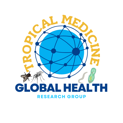 The image is a Tropical Medicine & Global Health Research Group logo. It features a stylized blue globe with interconnected nodes, symbolizing global collaboration in health research. Surrounding the world are the words "Tropical Medicine" in gold and "Global Health" in bold blue, with "Research Group" written underneath in a smaller font. Additionally, the logo includes illustrations of flies, a mosquito, a parasitic worm, and a protozoa, representing key areas of tropical medicine and infectious disease research.